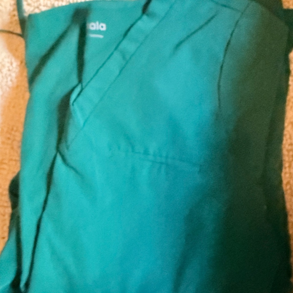 Emerald green V-Neck Medical Scrub Top and jogger pants.